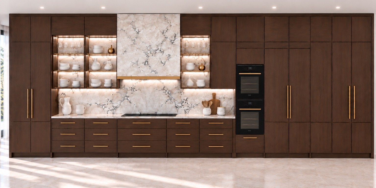 Kitchen range wall with marble surfaces and illuminated display shelves