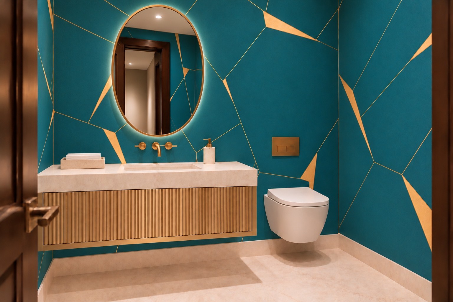 Powder room with teal walls, gold geometric details and a fluted vanity