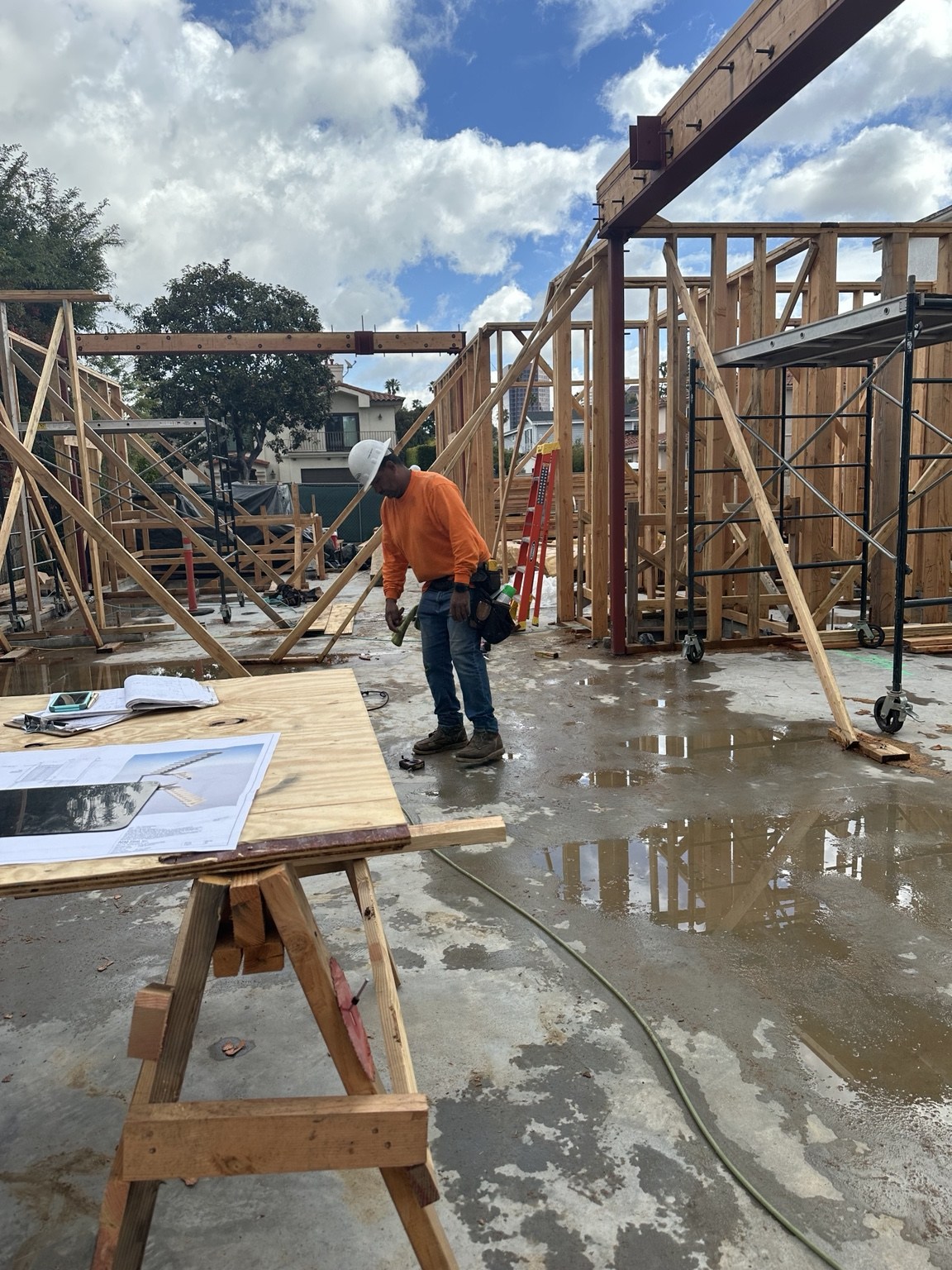 Wood framing and structural beams during construction