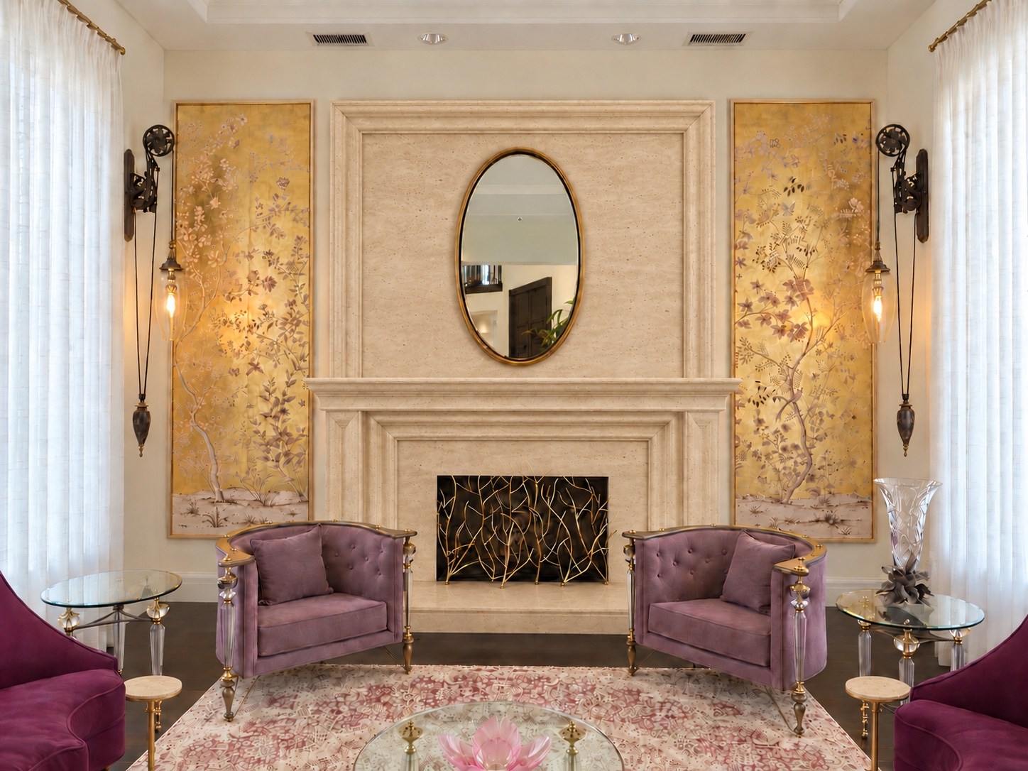 Fireplace wall with paired armchairs and oval mirror