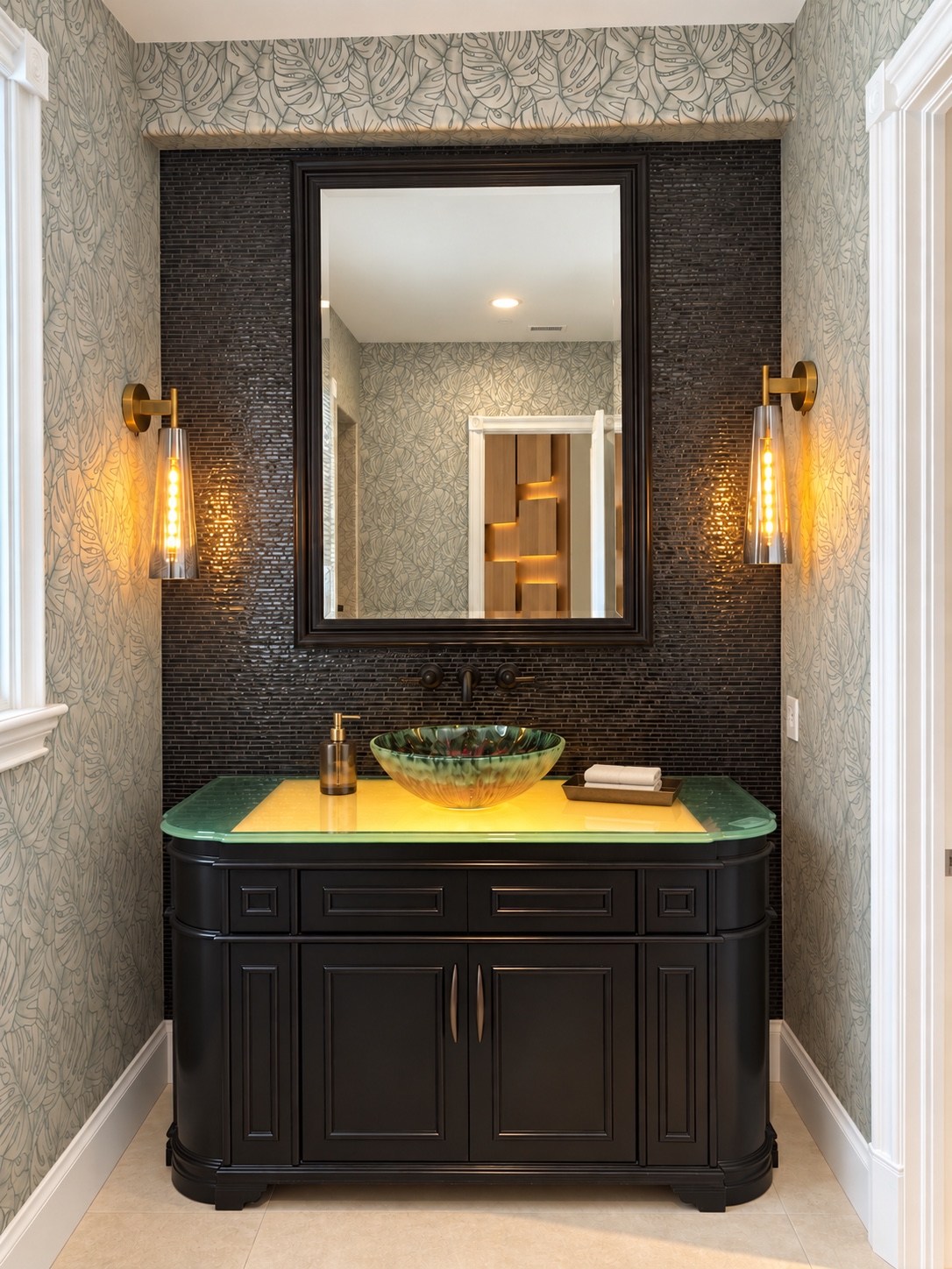 Powder room with dark vanity and illuminated glass countertop
