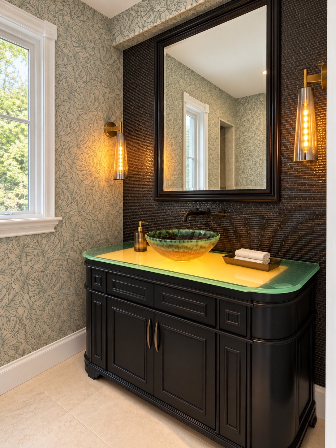 Powder room mirror and paired brass sconces