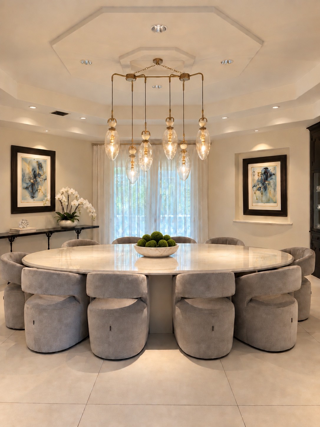 Dining table with upholstered chairs and pendant chandelier