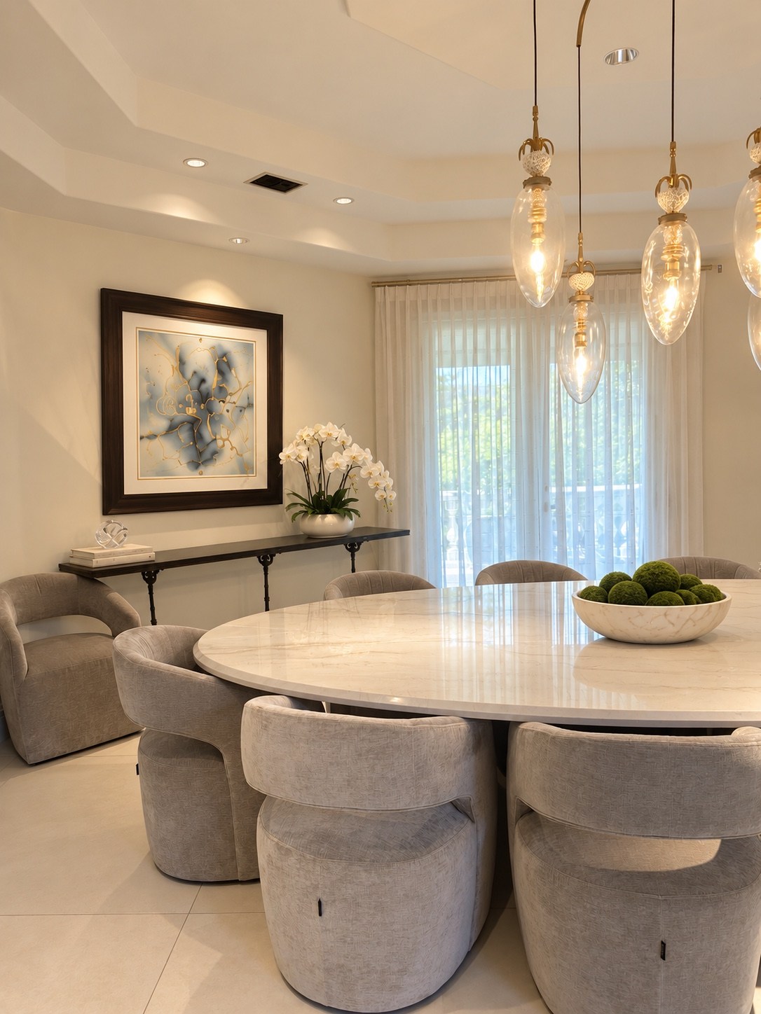Dining room artwork, console and sheer drapery