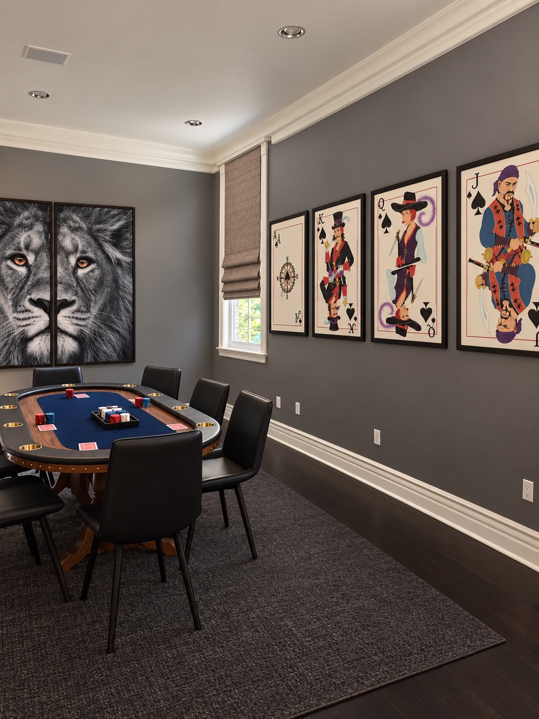 Poker room with blue table and lion artwork