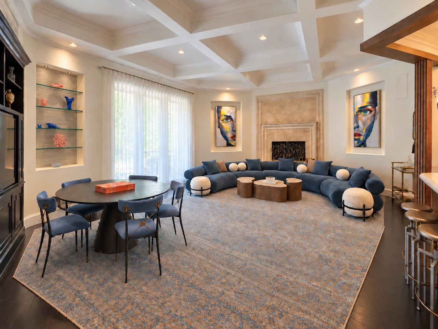 Entertainment lounge with blue seating and game table