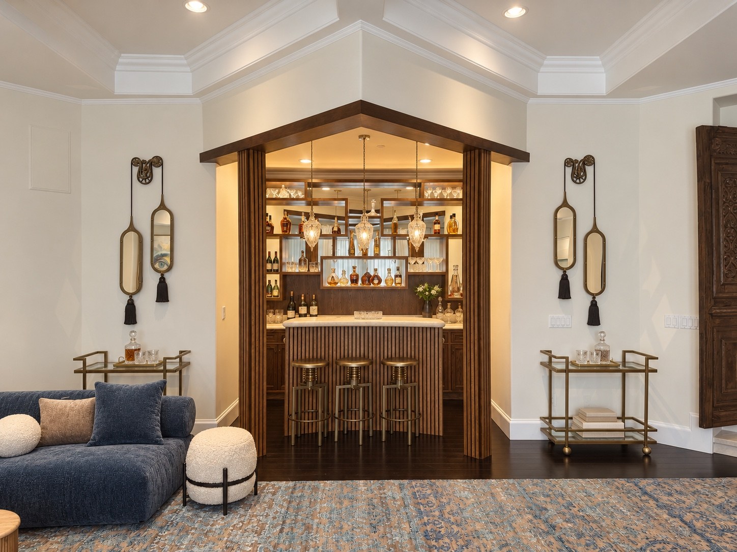 Entertainment lounge bar with wood cabinetry