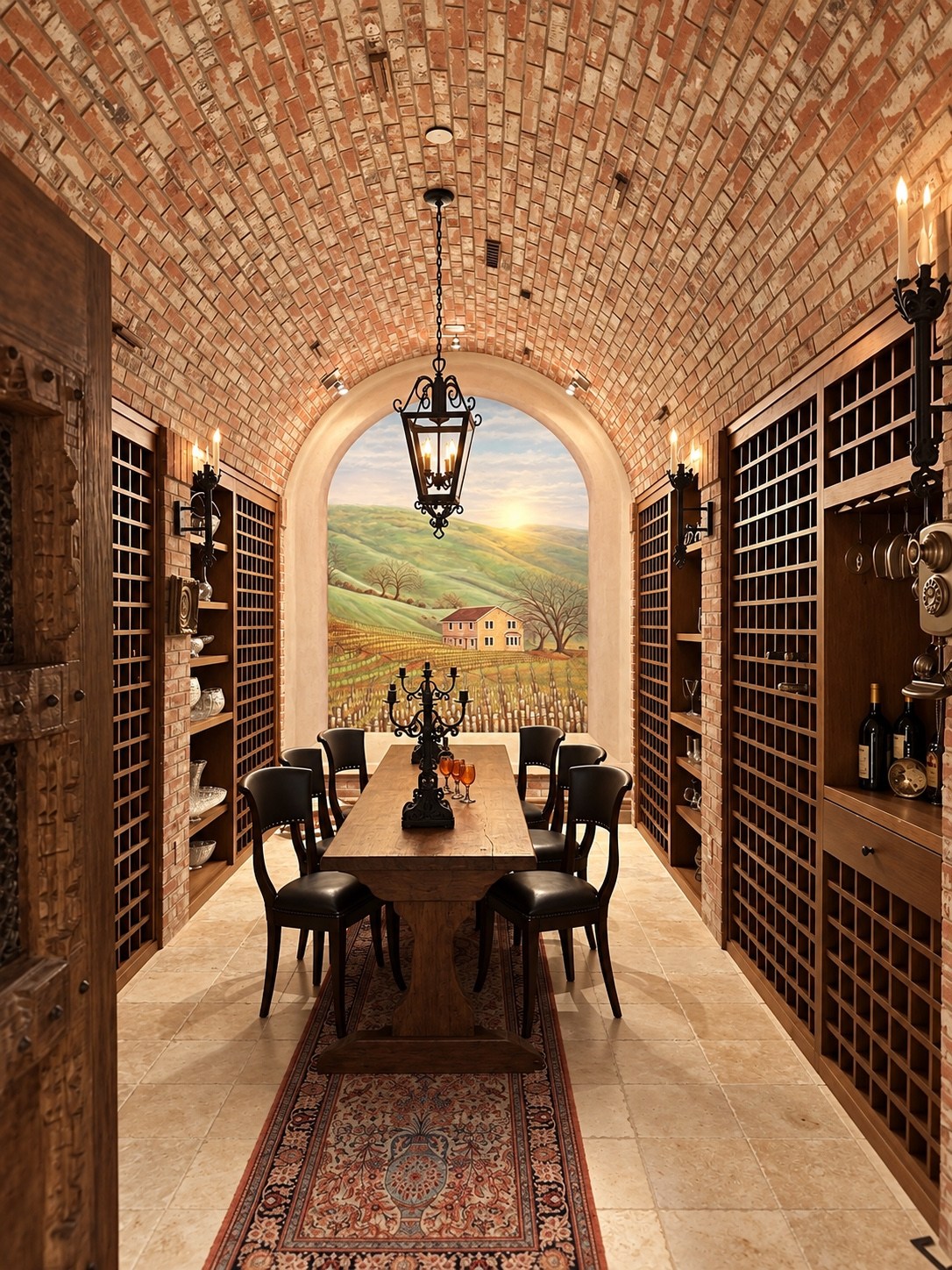 Brick-vaulted wine room with tasting table