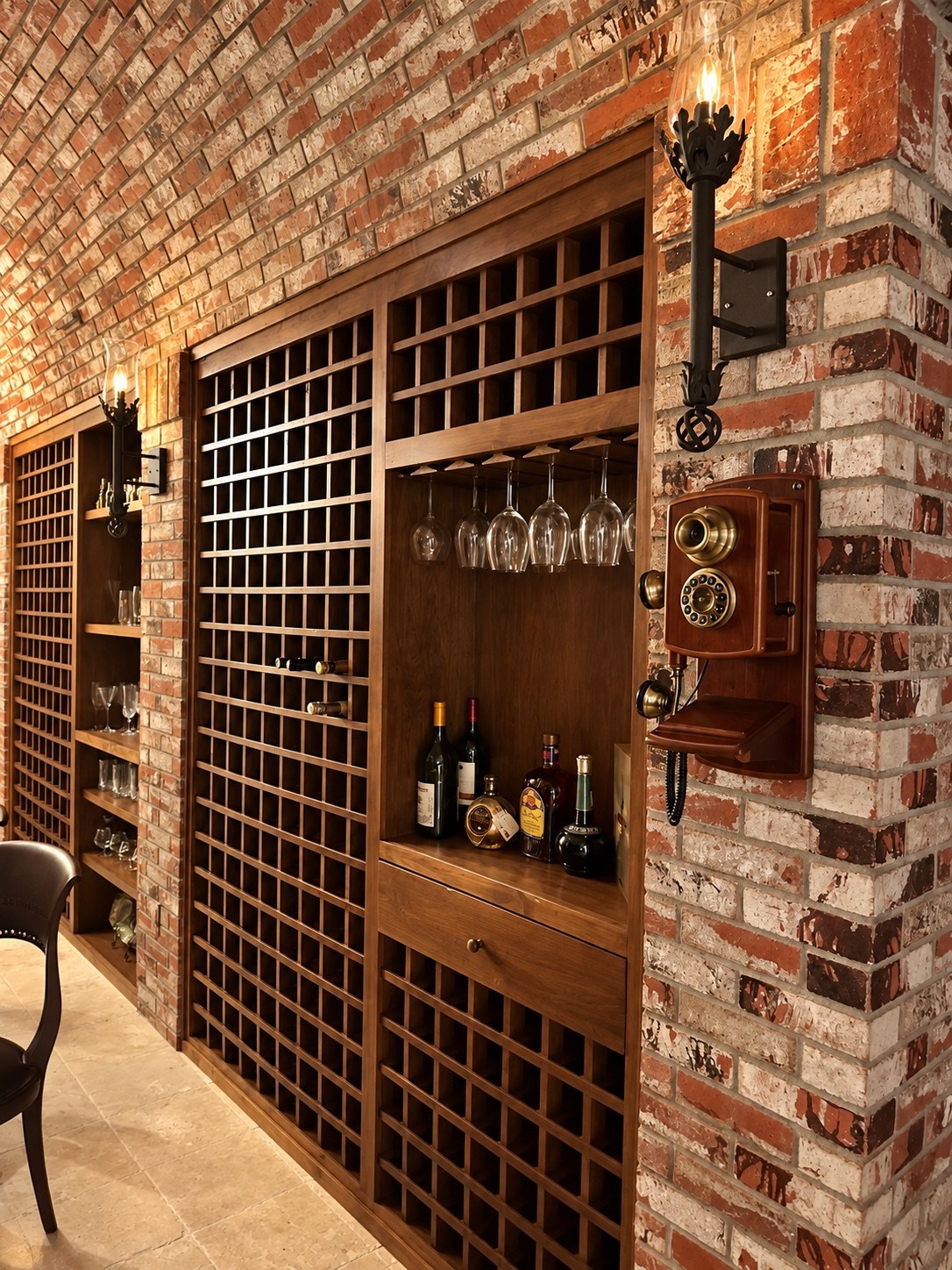 Wine racks and illuminated serving niche