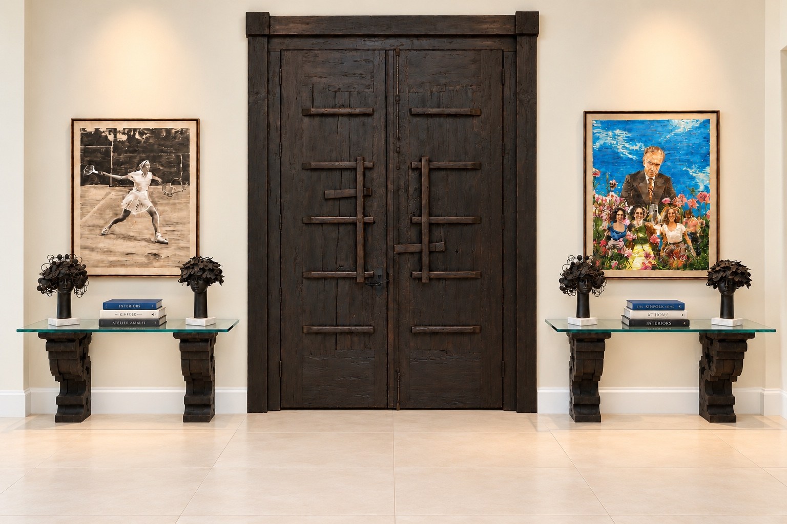Entry hall with paired consoles and artwork