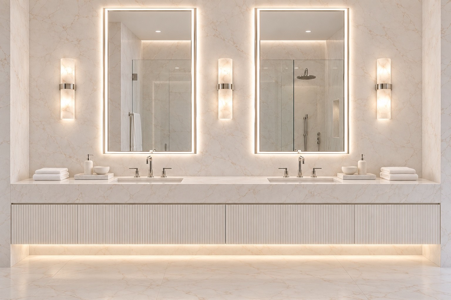 Primary bathroom double vanity with fluted cabinetry and illuminated mirrors