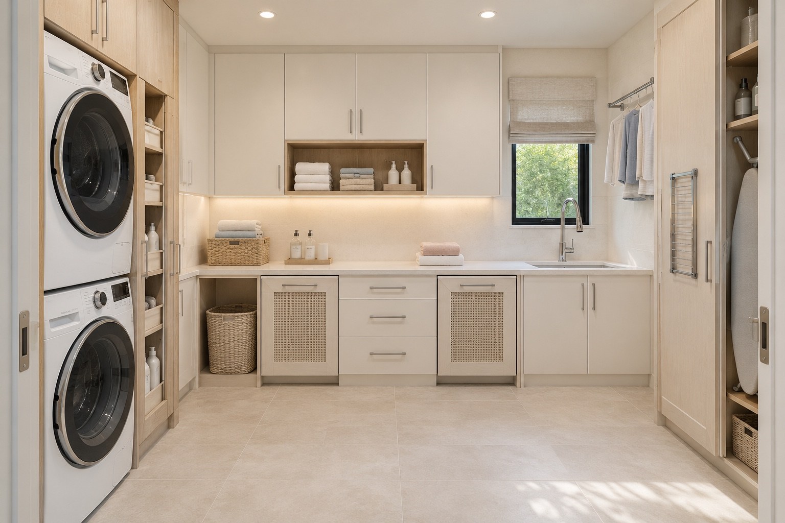 Laundry room with stacked appliances, storage and a generous folding counter