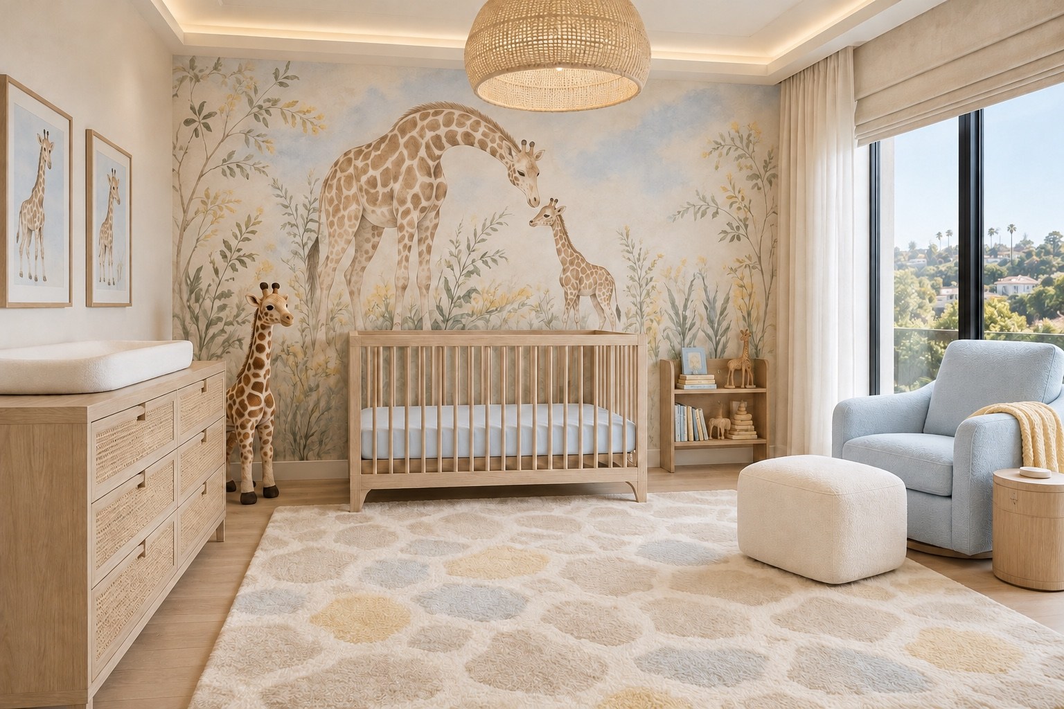 Giraffe-inspired nursery with warm wood furnishings and a blue reading chair