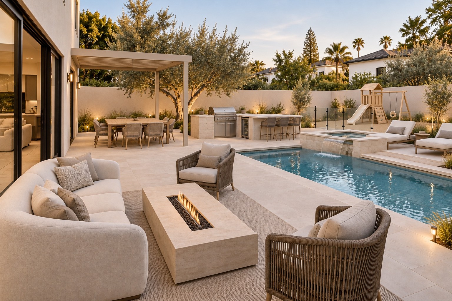 Outdoor lounge and fire table beside the pool and covered dining area