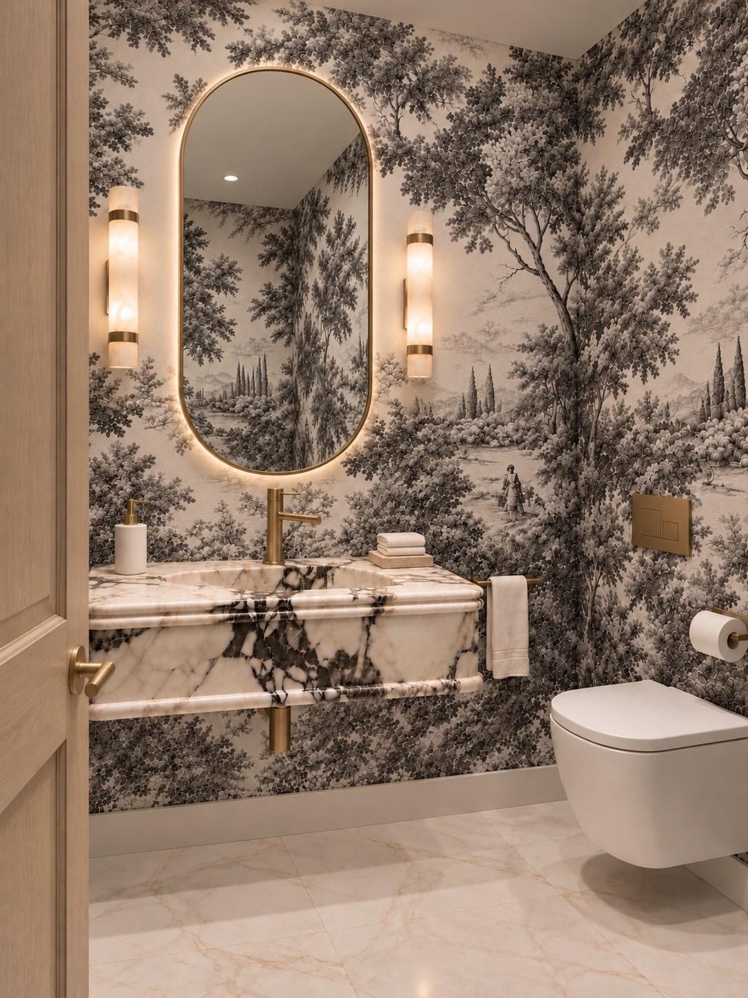 Powder room with botanical wallpaper and a floating stone vanity