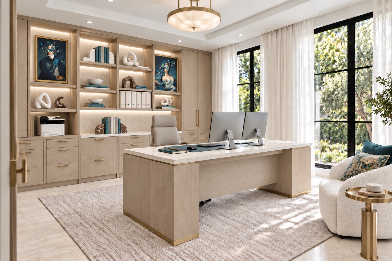 Home office with illuminated oak cabinetry, butterfly artwork and a marble-topped desk