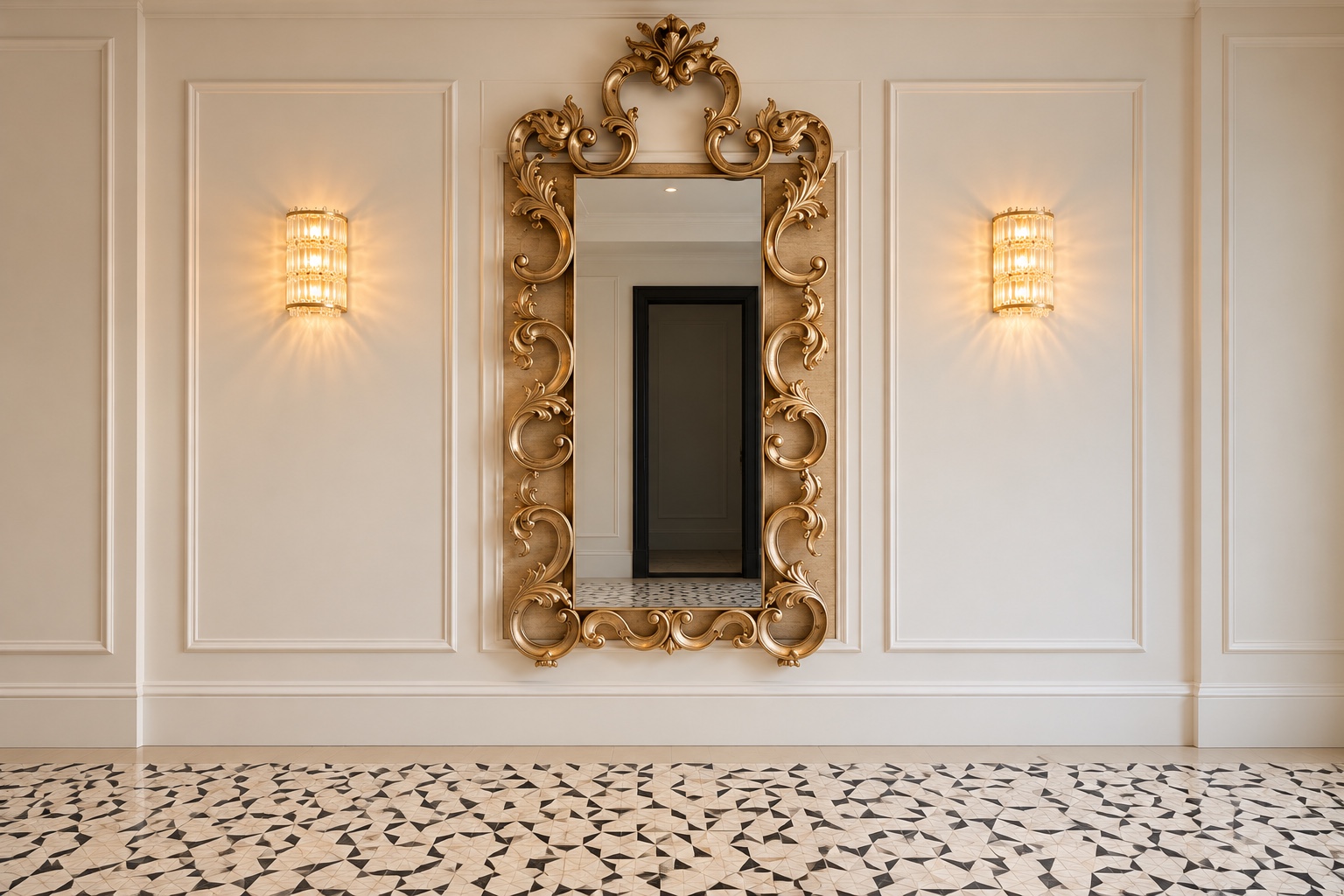 Loma Vista Residence entry hall with ornate gold mirror