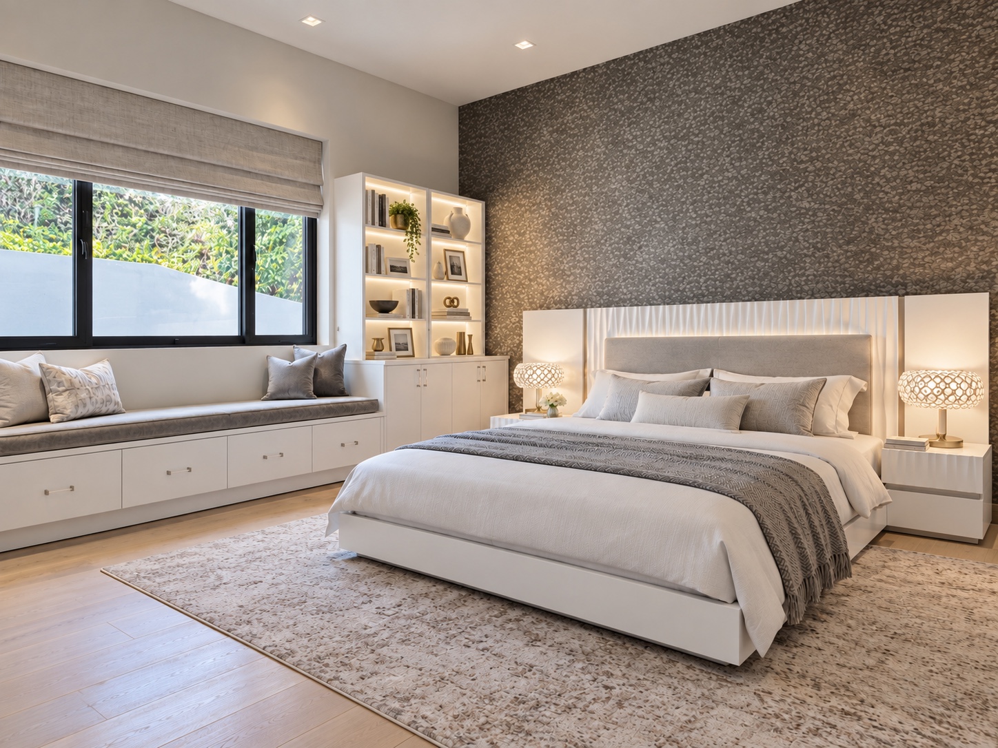 Bedroom with upholstered bed and built-in shelving
