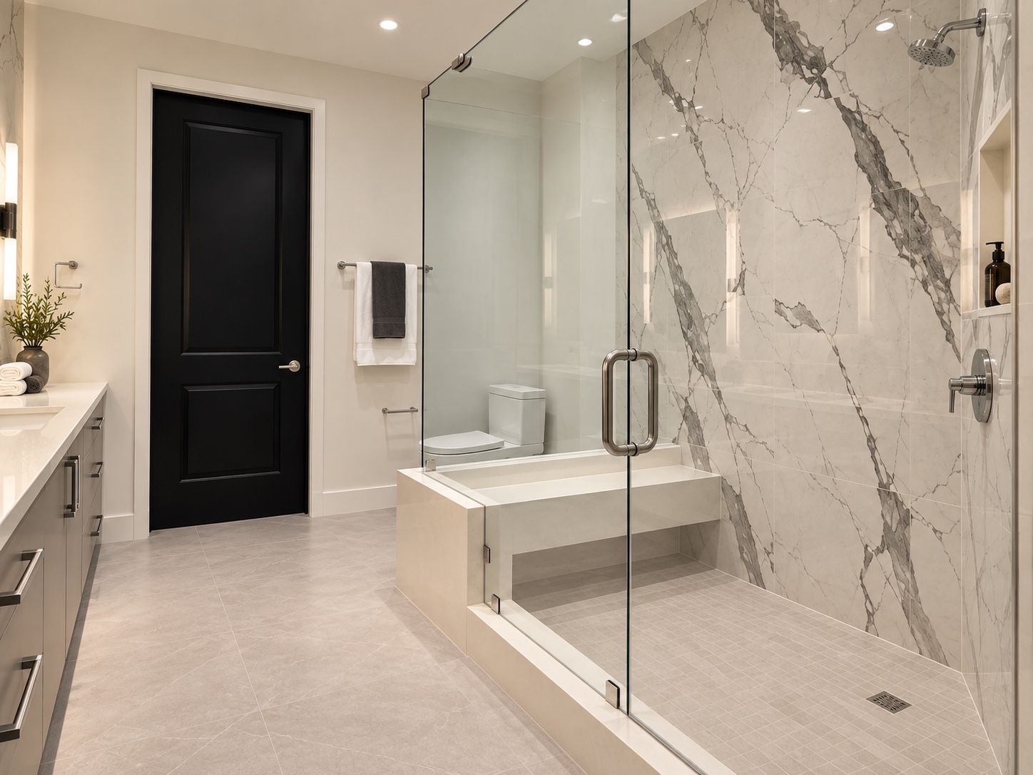 Marble bathroom with tub and glass shower