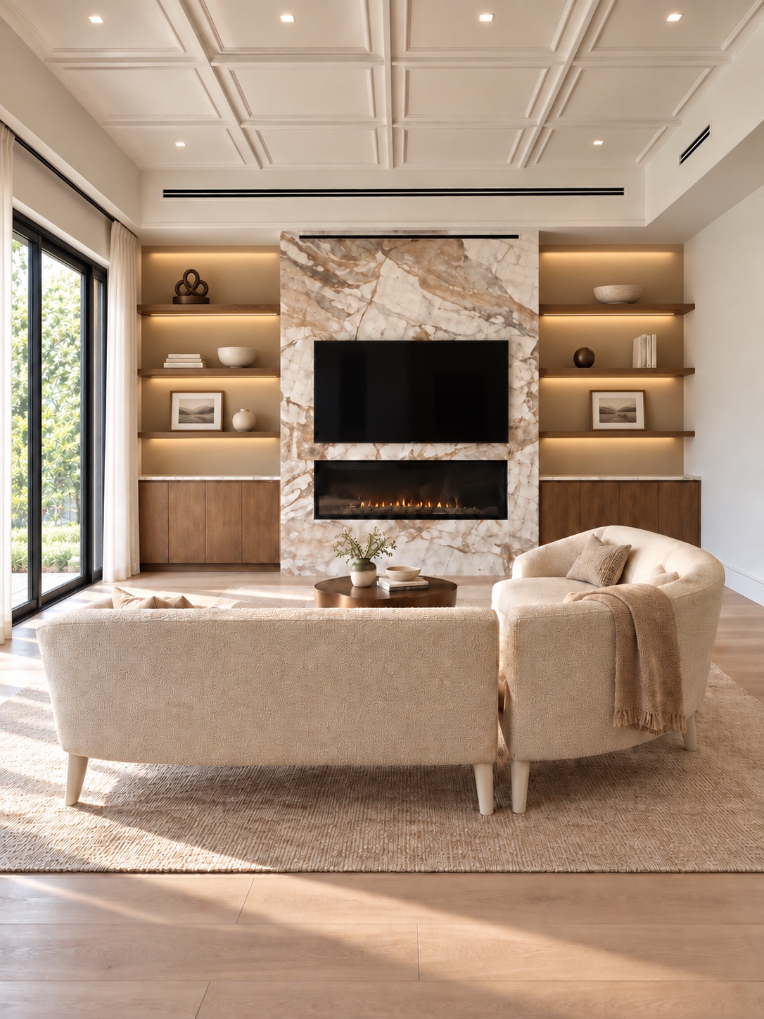 Living room with marble fireplace and illuminated shelves