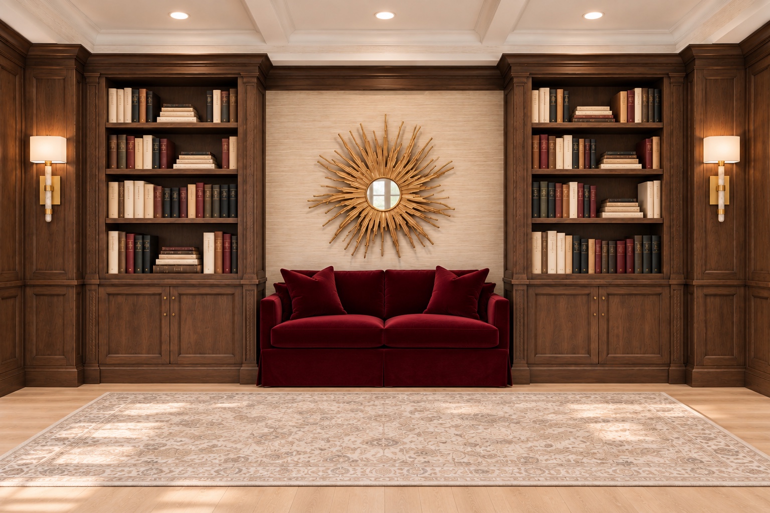 Library seating and gold sunburst mirror