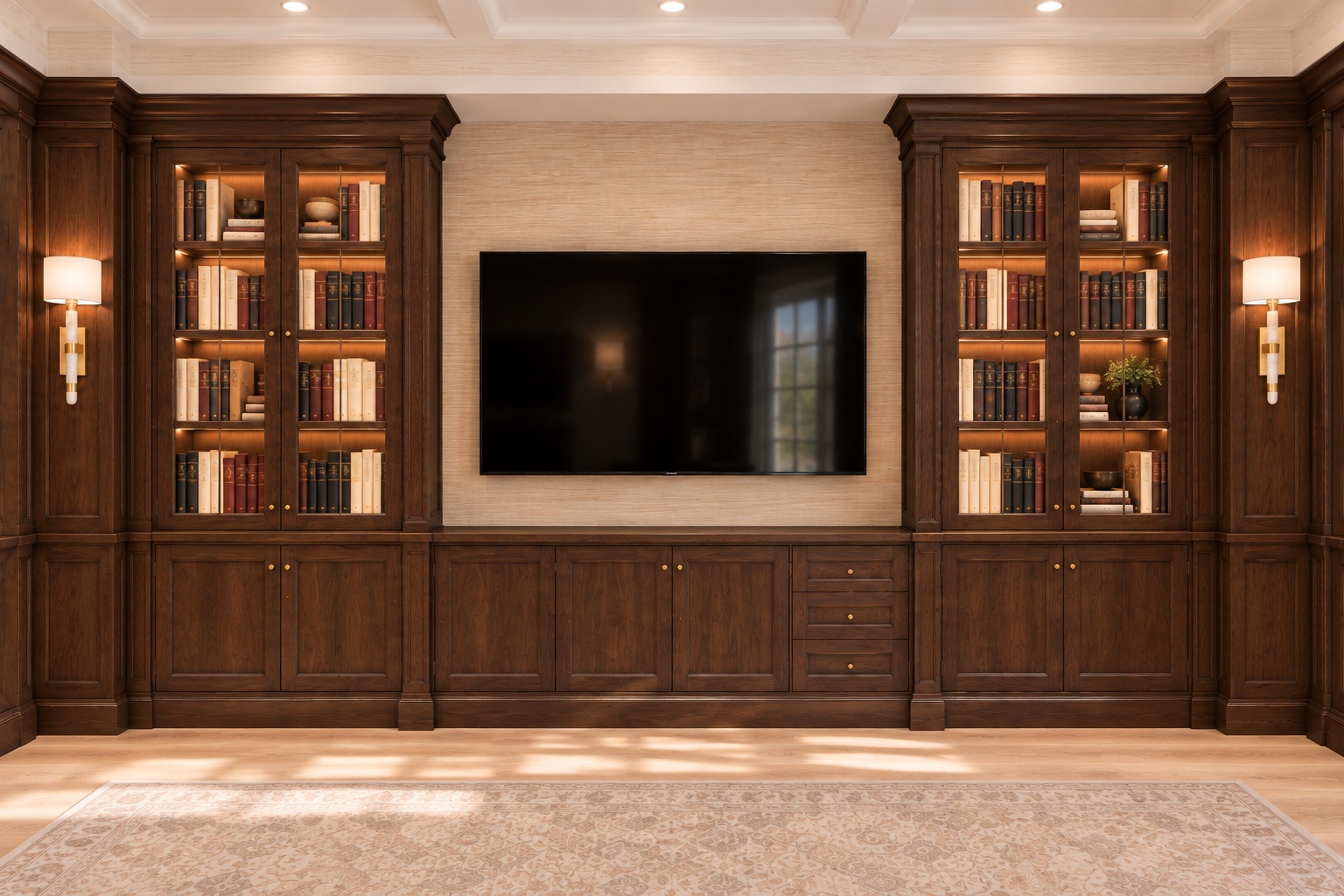 Library television wall and display cabinetry