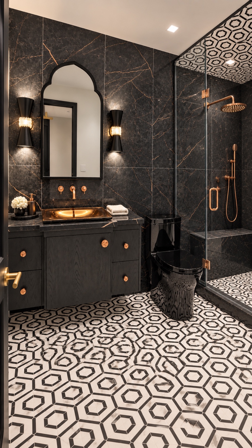 Dark marble bathroom with patterned floor