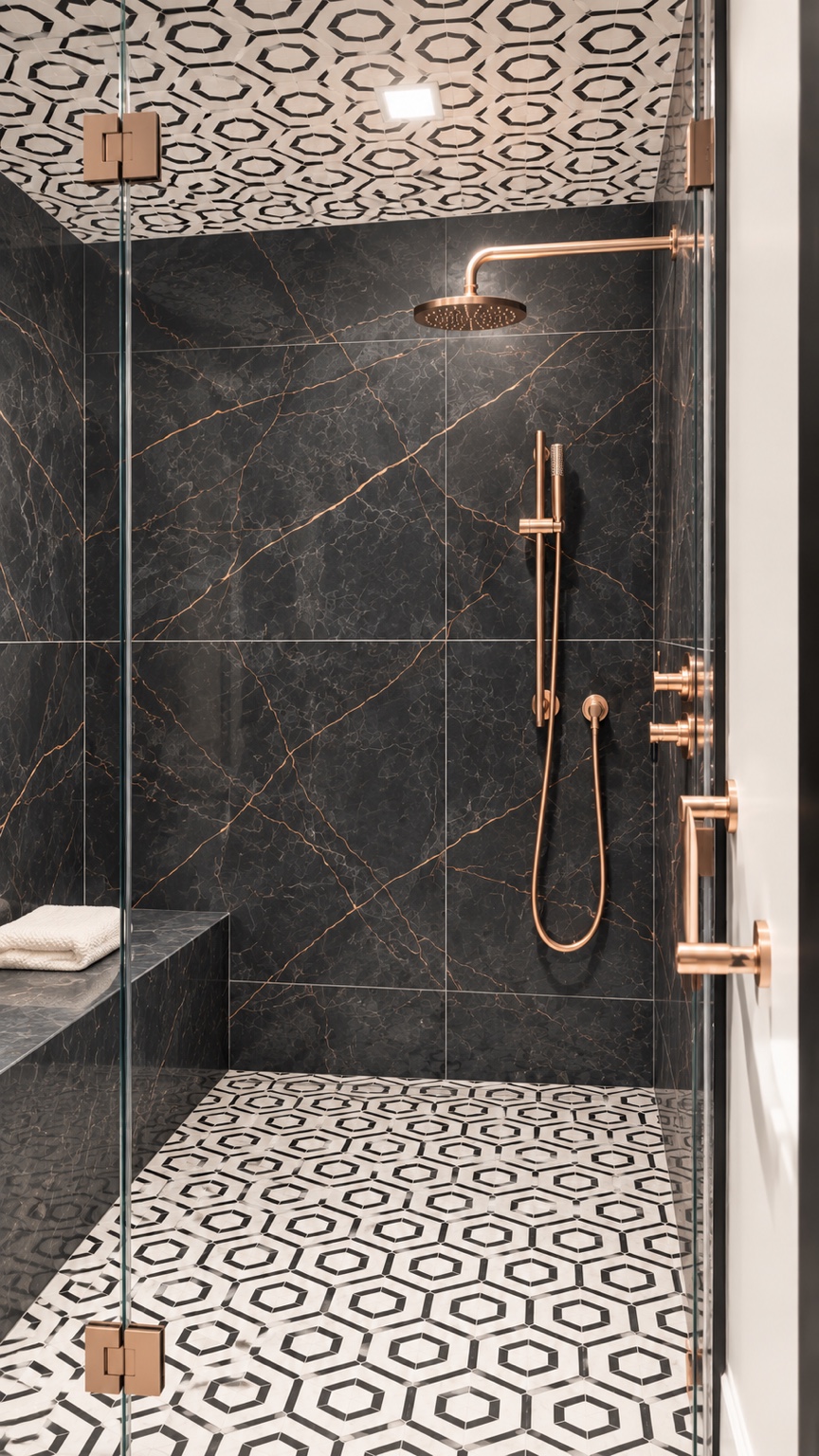 Dark marble shower with brass fixtures