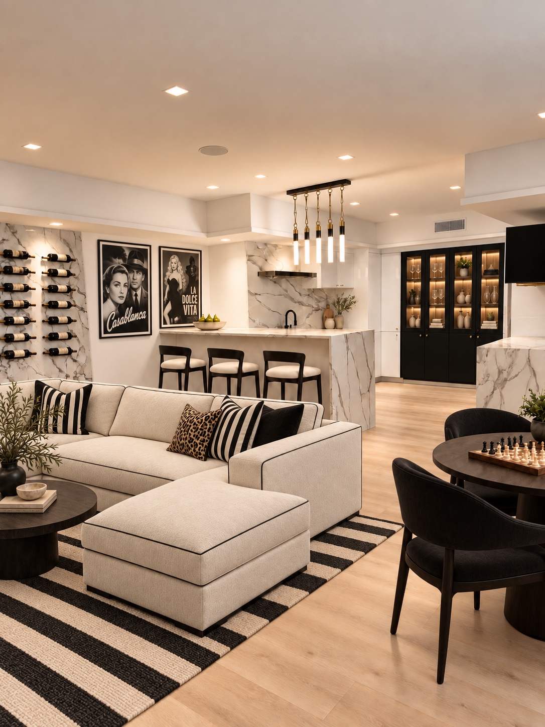 Basement lounge, game table, and kitchen