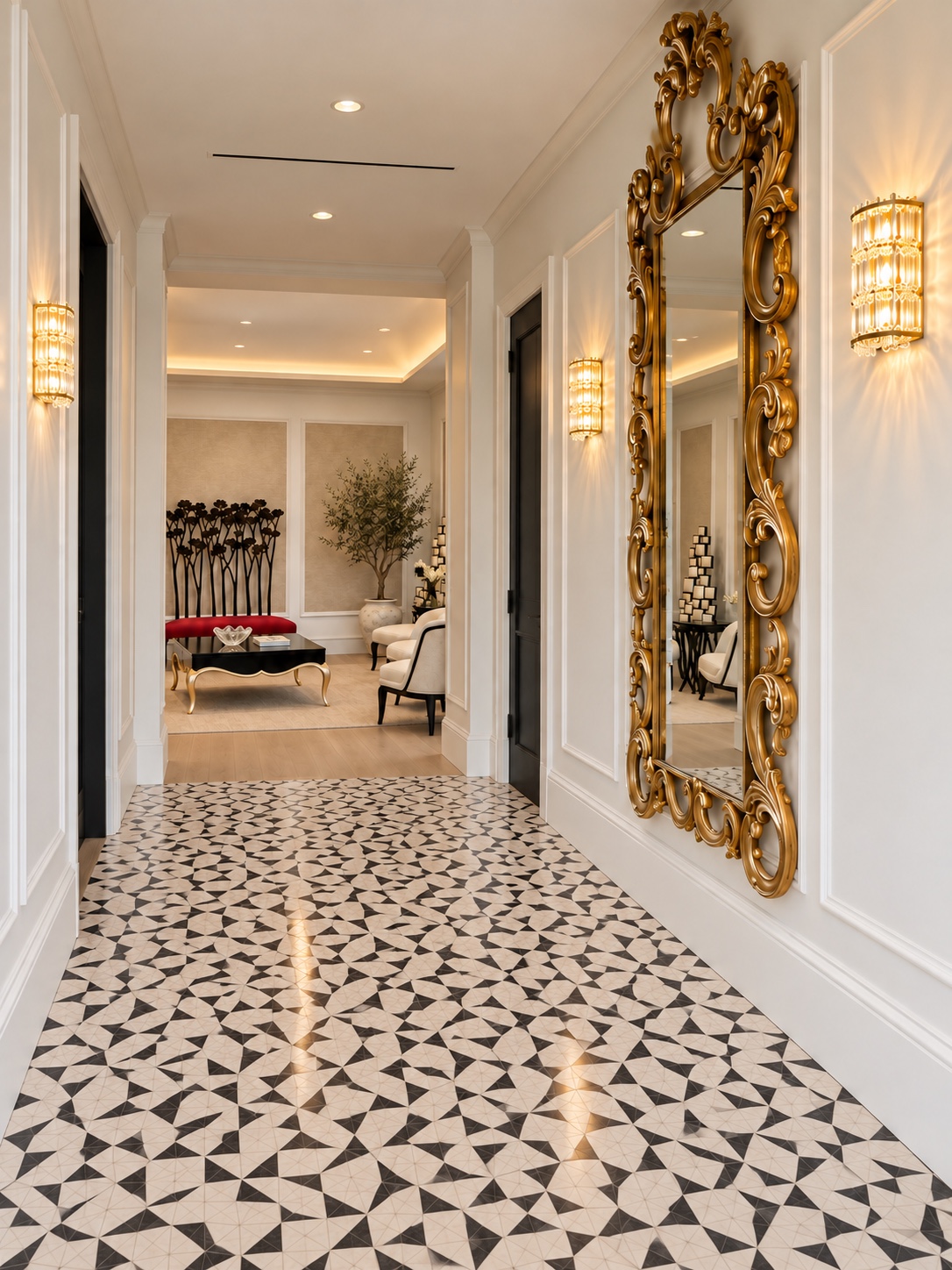 Entry hallway with patterned flooring