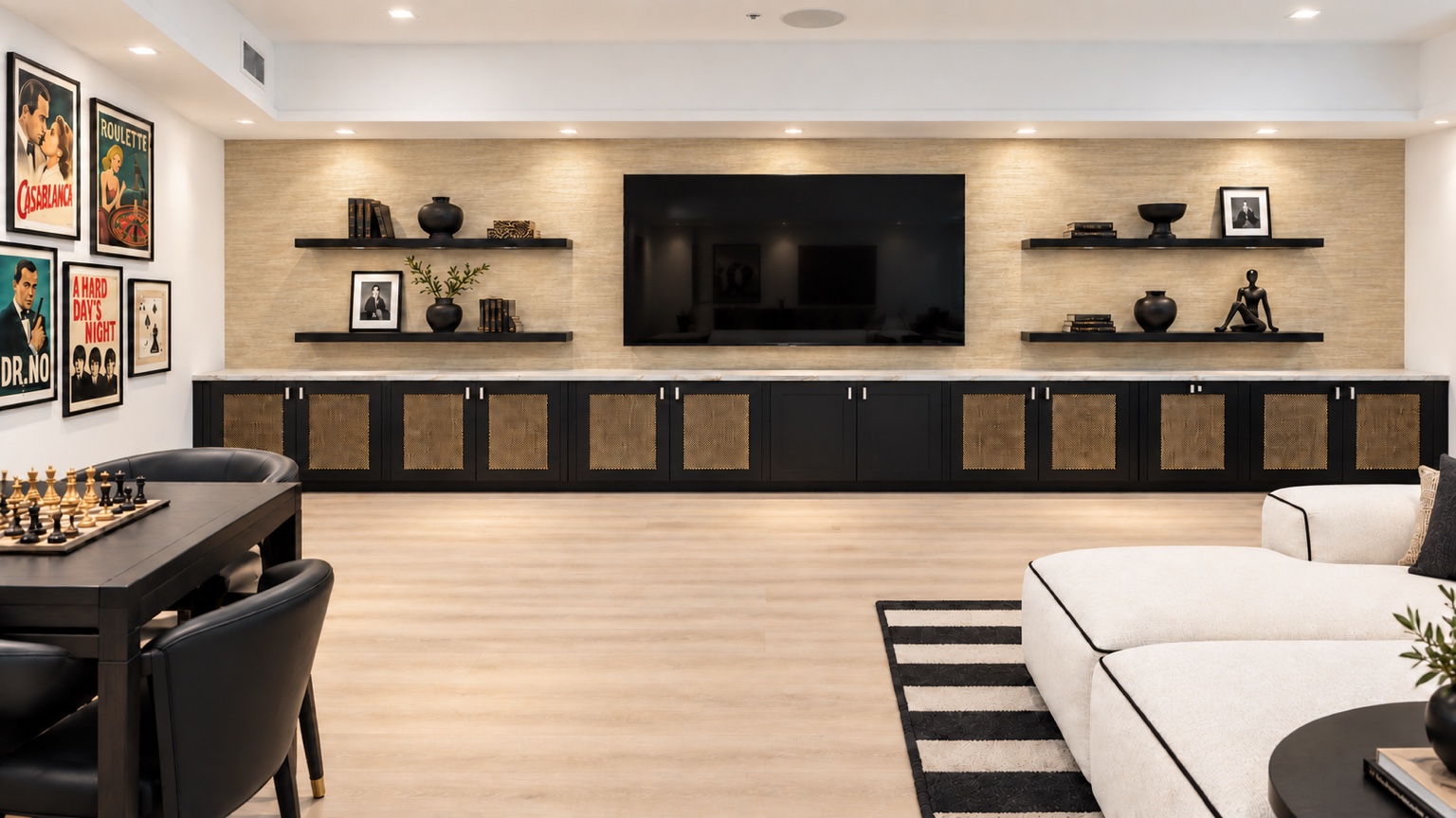 Basement entertainment wall with television and vintage film art