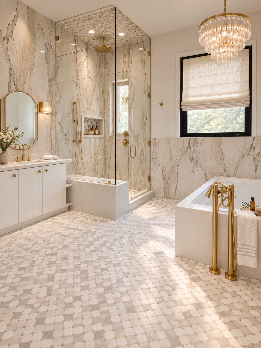 Marble bathroom with chandelier above the tub