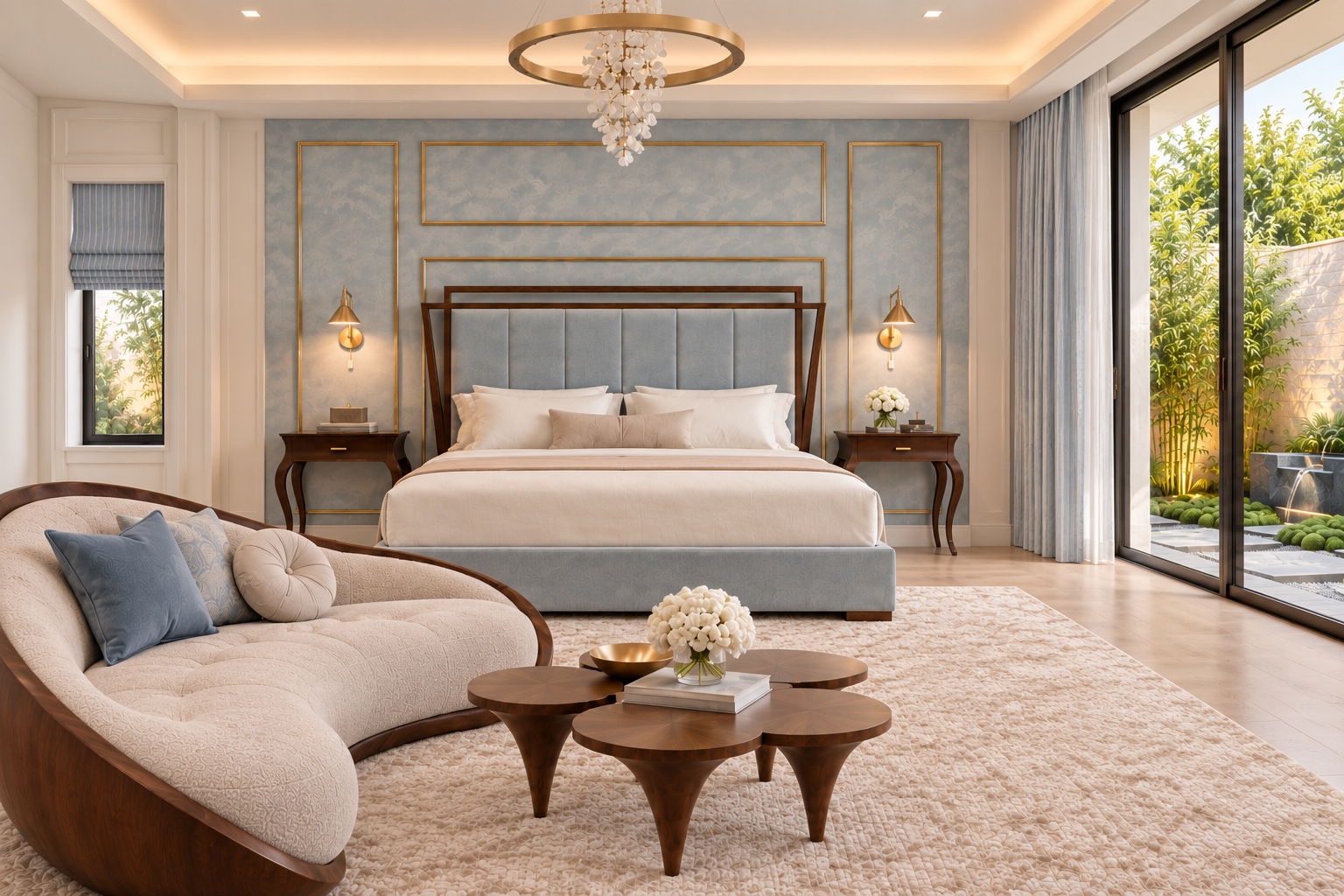 Bedroom with blue and gold detailing and curved seating