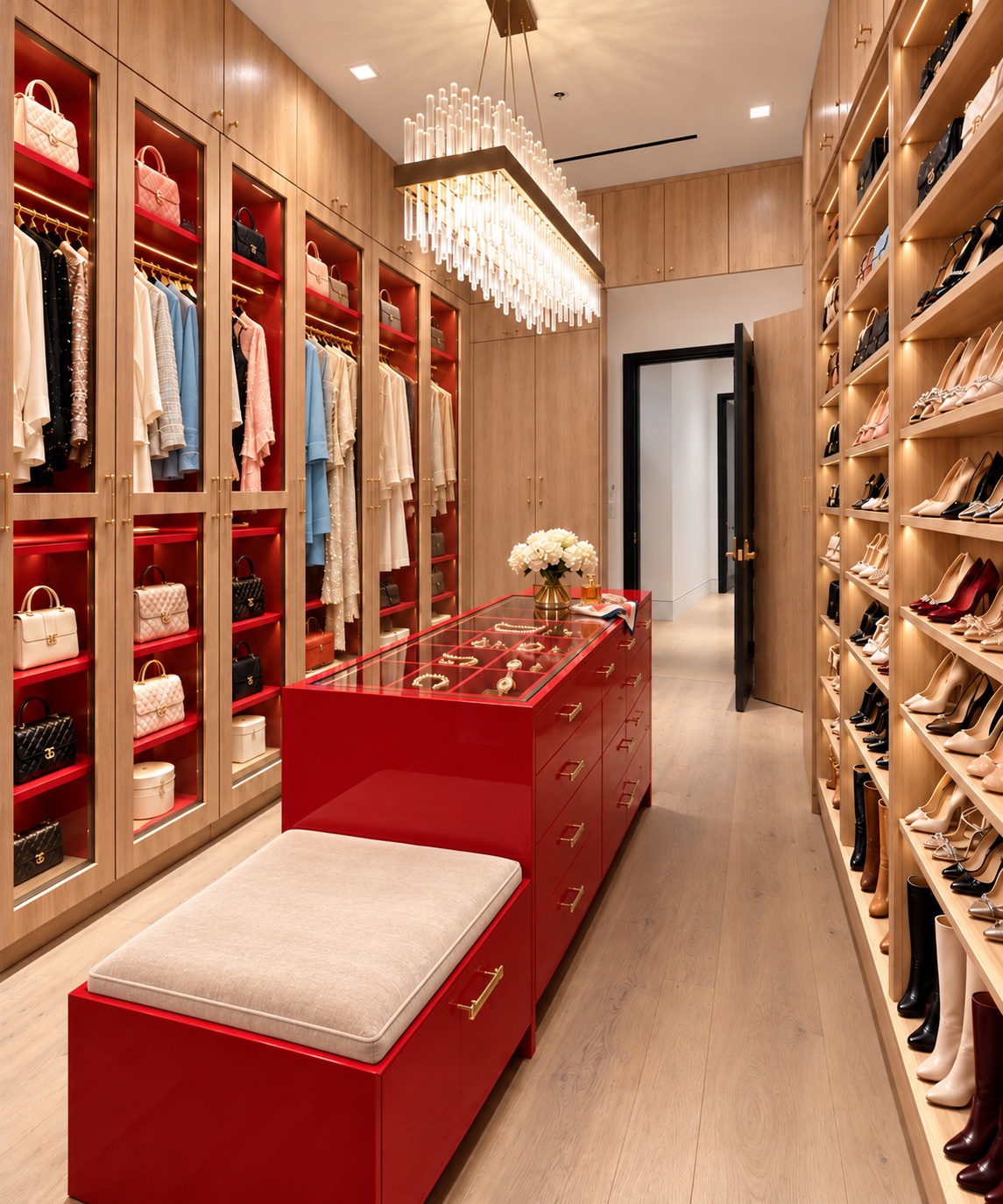 Walk-in closet with red display island and illuminated cabinetry