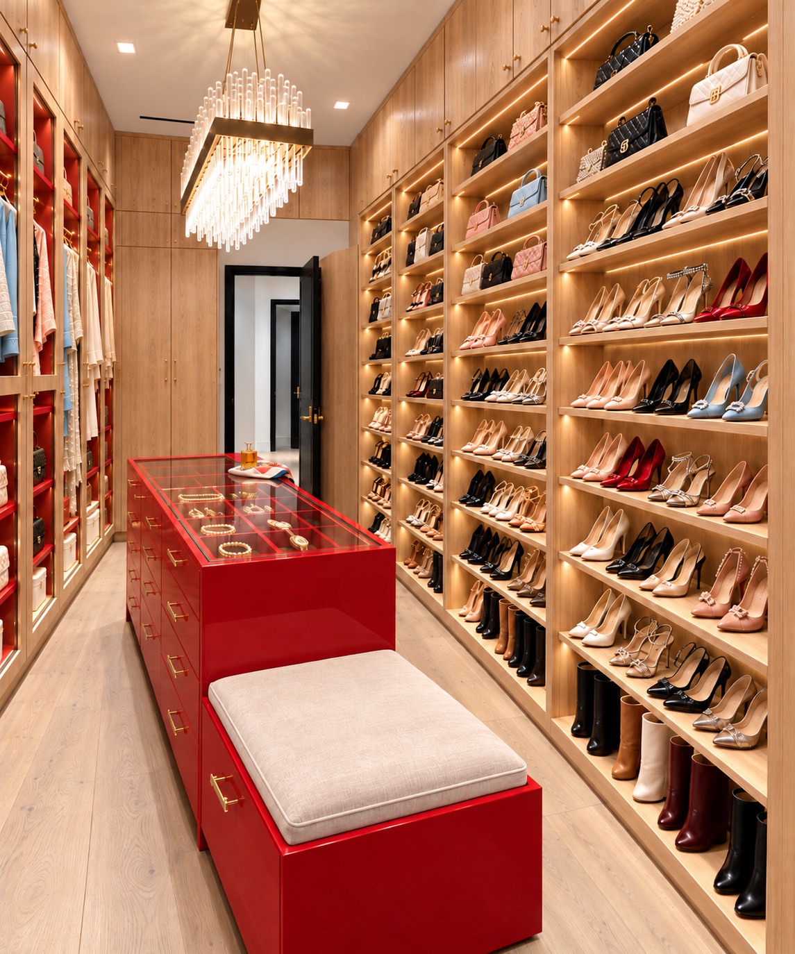 Walk-in closet shoe display and upholstered bench