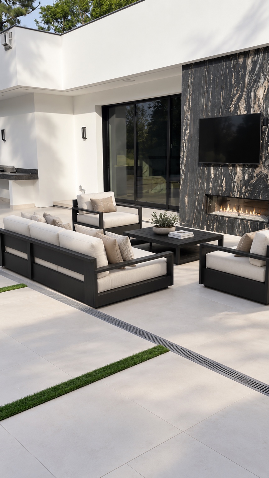 Outdoor lounge beside the fireplace