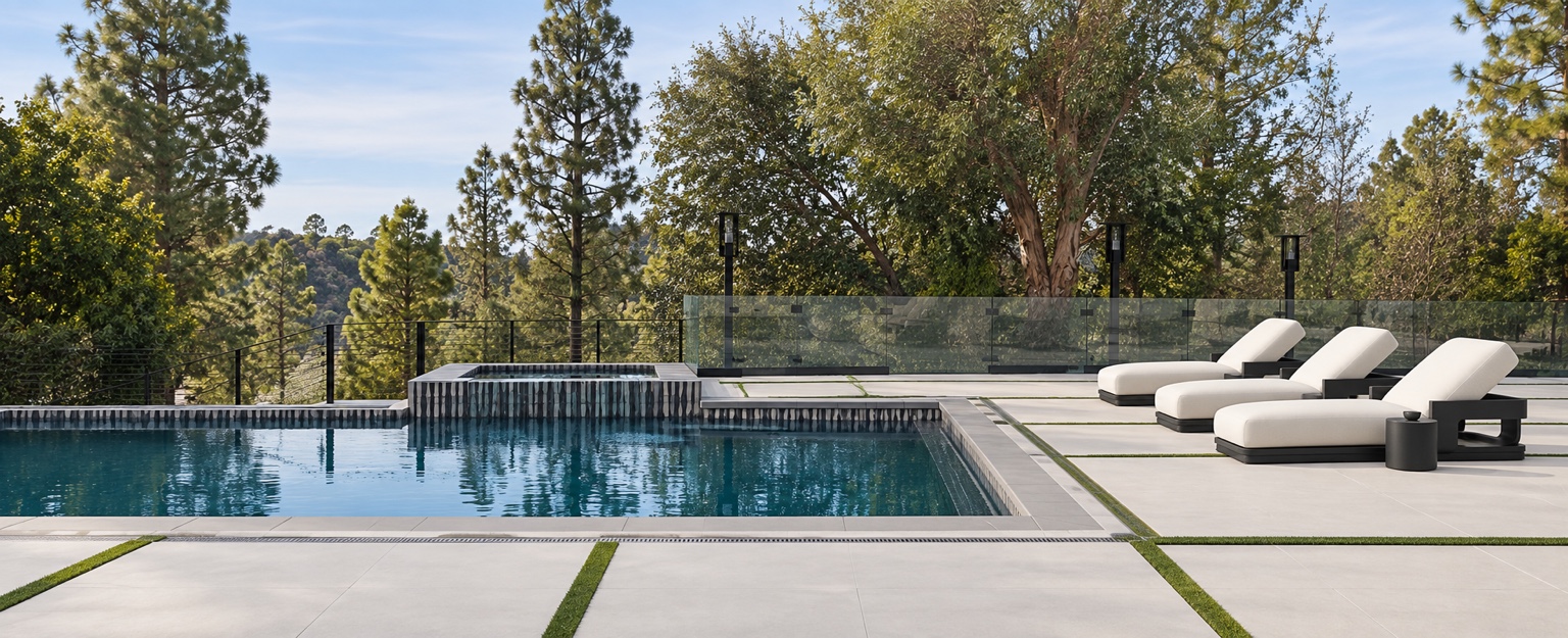 Pool with loungers and landscaped surroundings