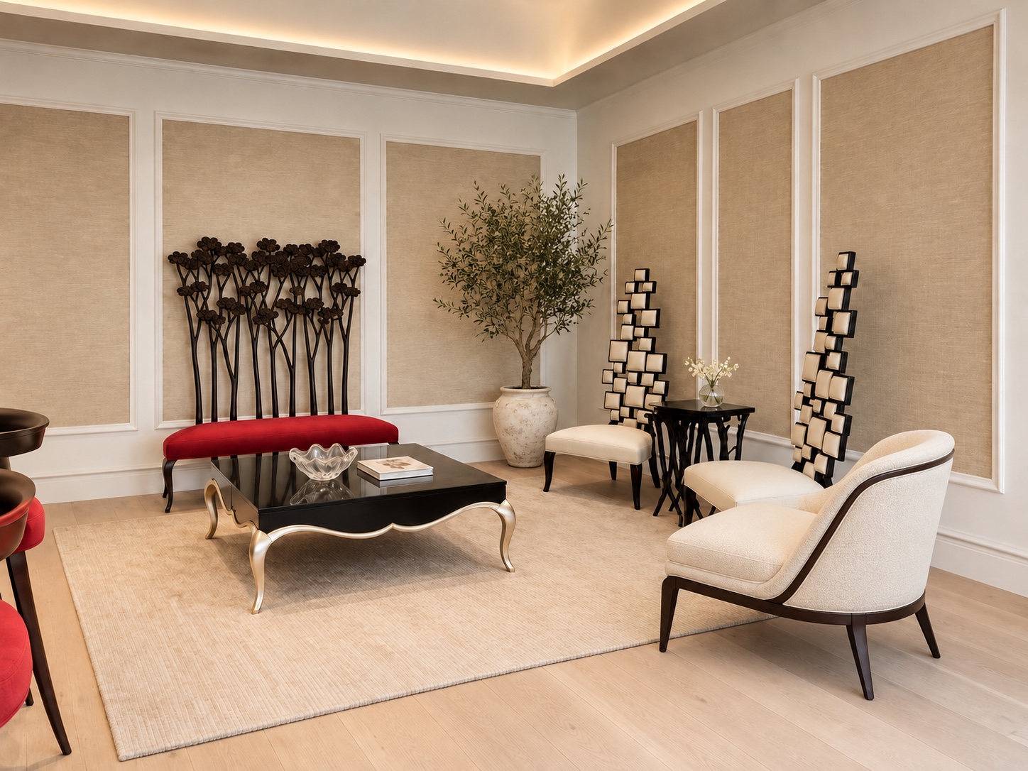 Living room with textured wall panels and sculptural furnishings