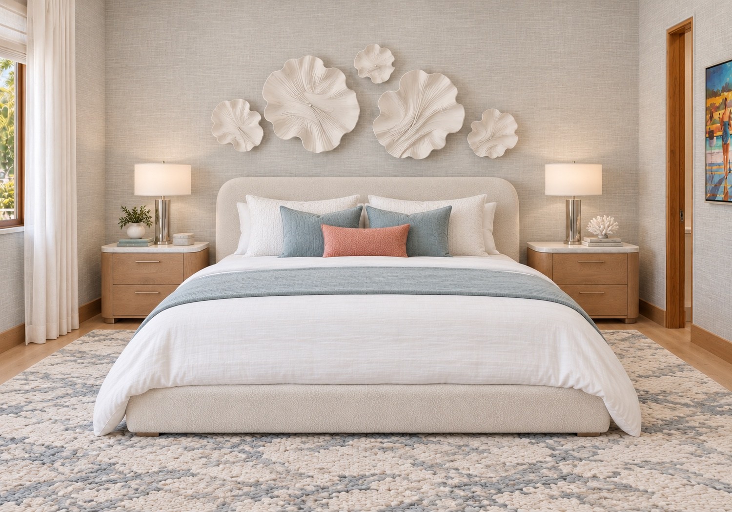 Bedroom with sculptural white wall art