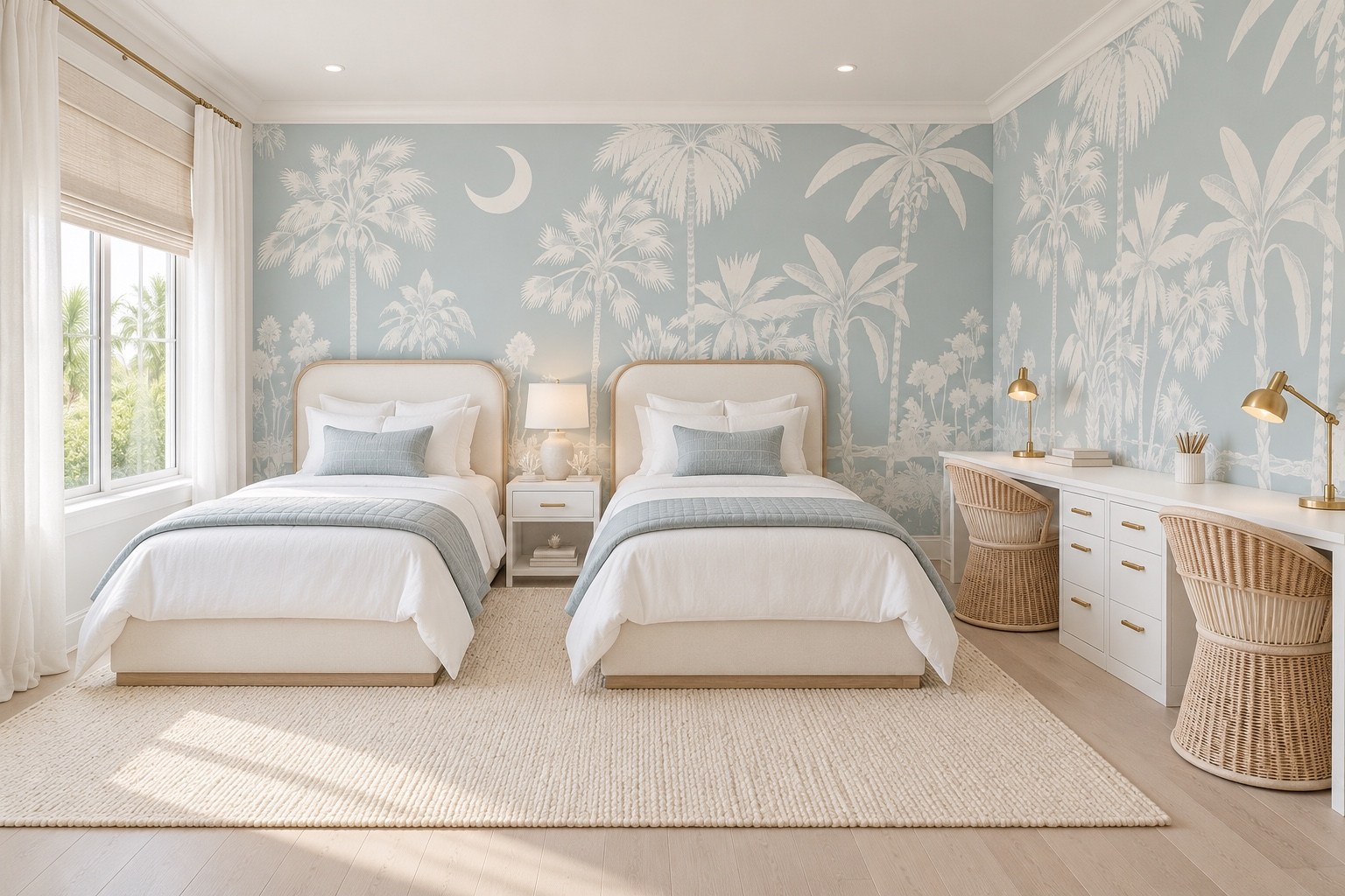 Twin bedroom with botanical wallpaper and a desk