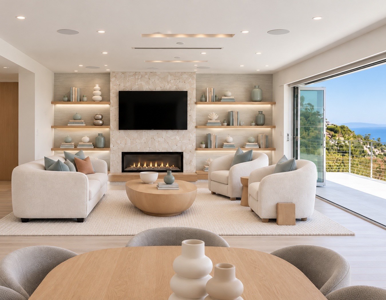 Living room fireplace and illuminated display shelves