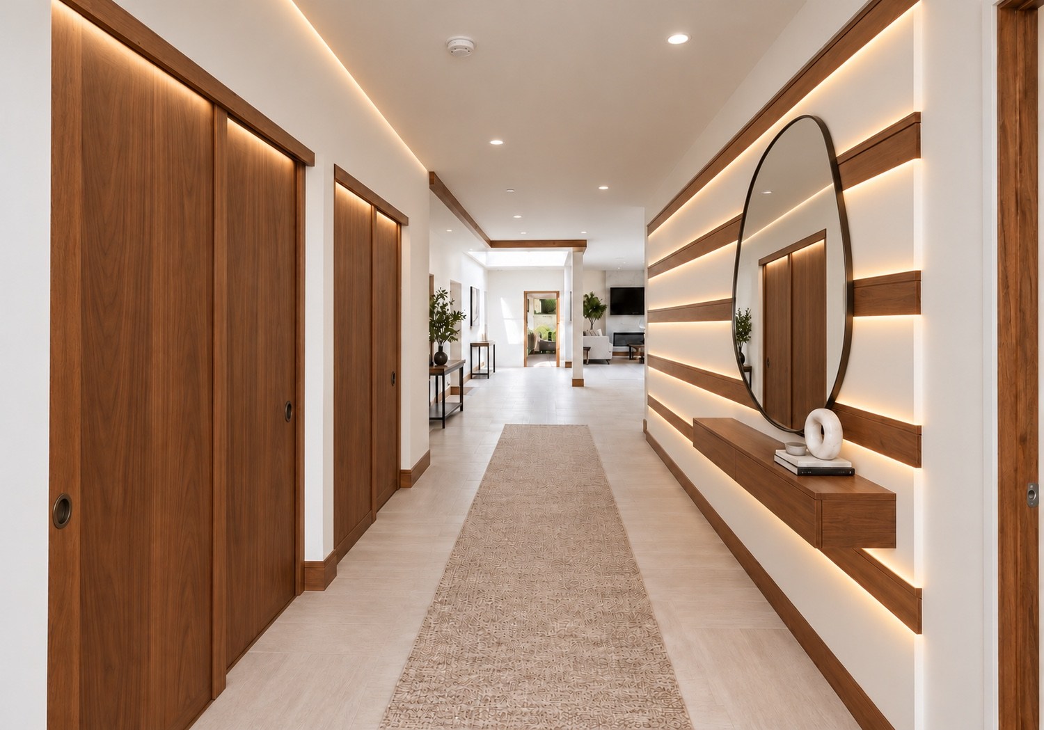 Hallway with warm wood accents and an oval mirror