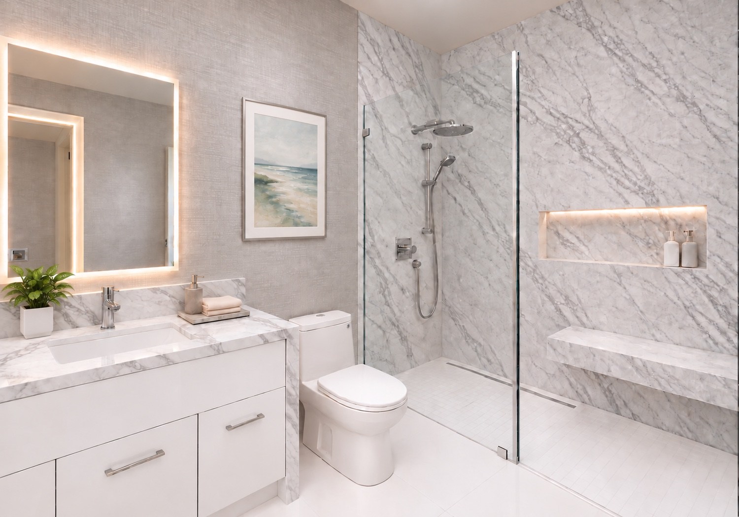 White bathroom with a glass shower and illuminated mirror