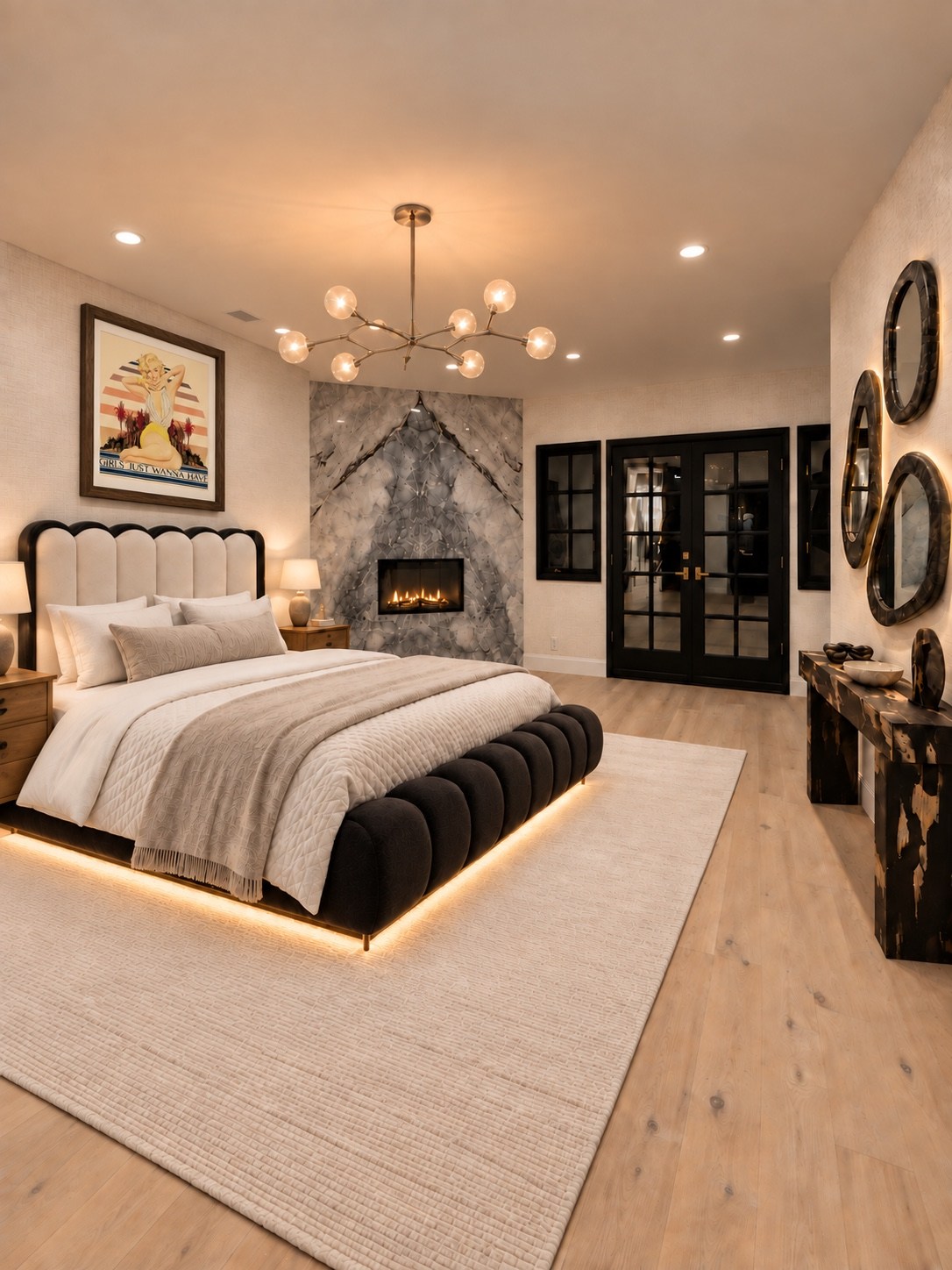 Bedroom with upholstered bed, stone fireplace and globe chandelier