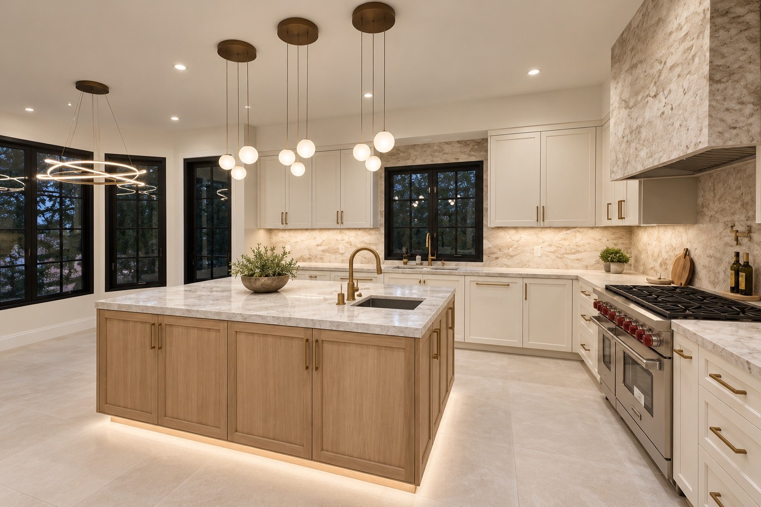 Kitchen island and surrounding white cabinetry