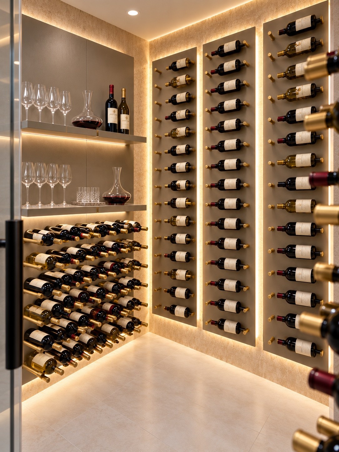 Illuminated wine storage and glassware display