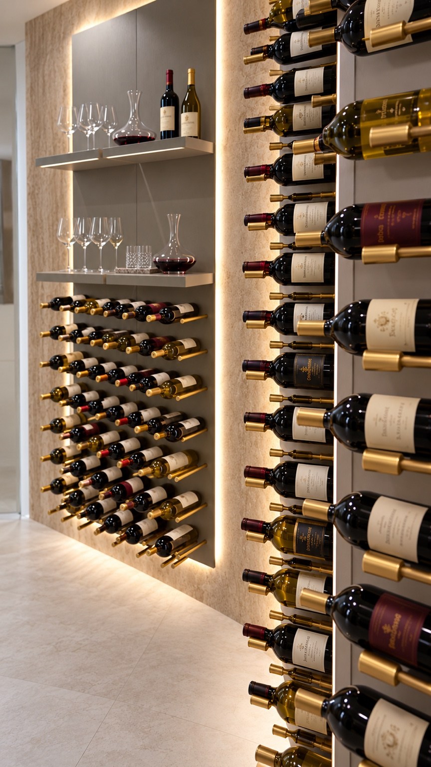 Wine display shelving and warm integrated lighting