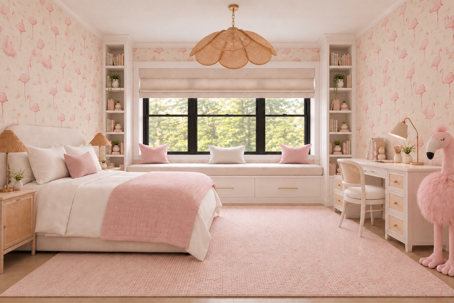 Pink children’s bedroom with window seat and built-in shelving