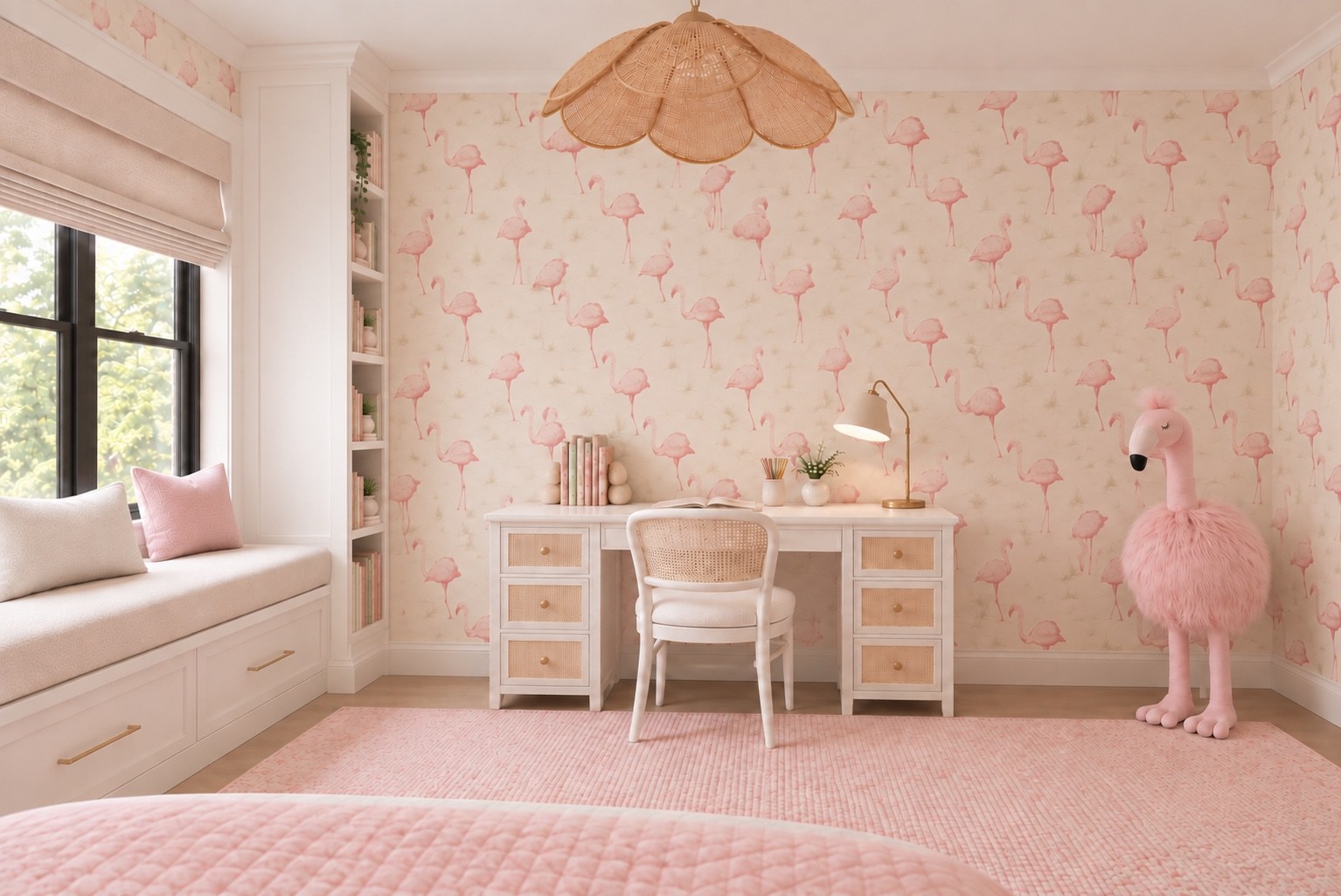 Children’s bedroom study area with floral wallpaper