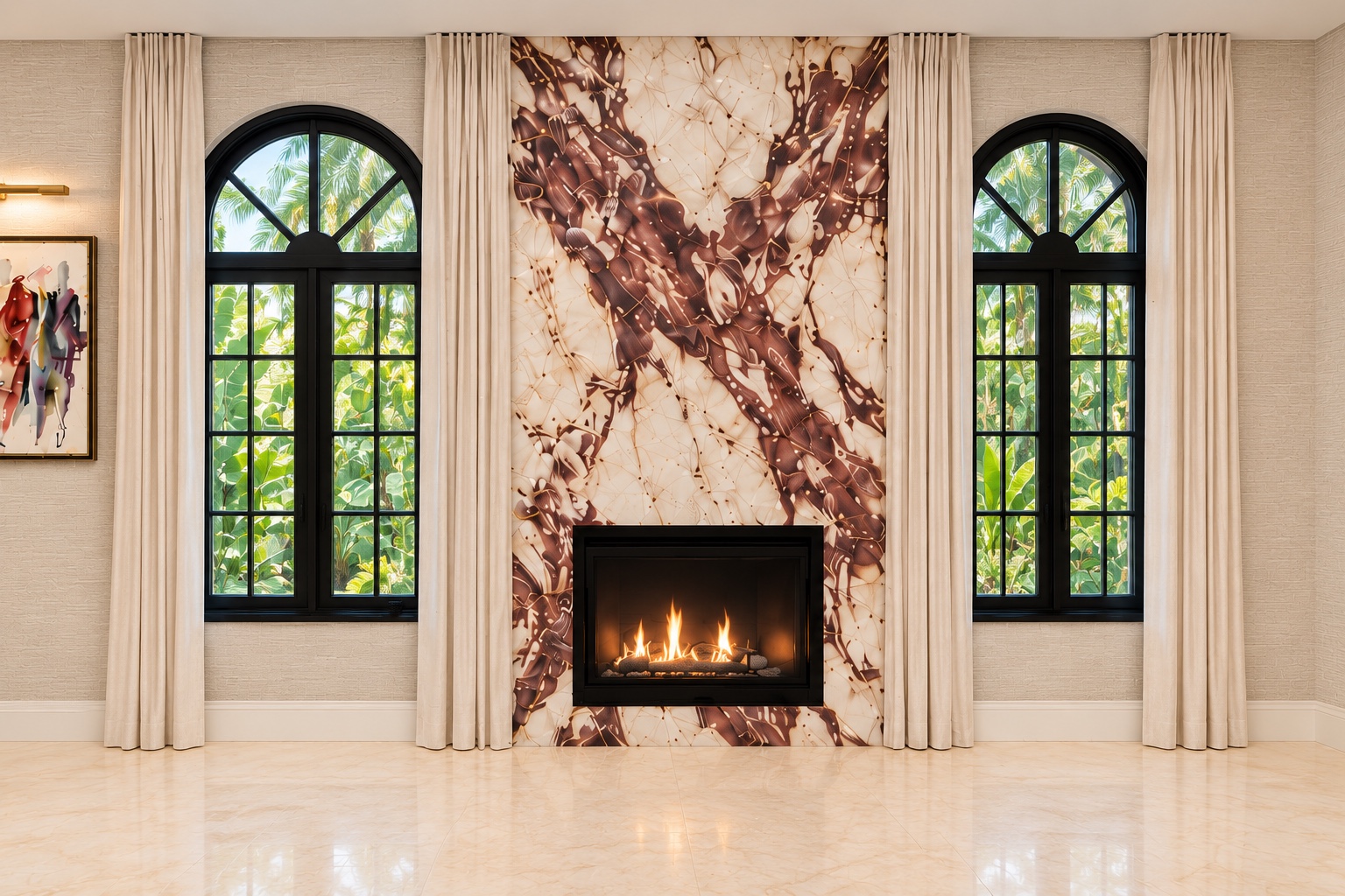 Statement stone fireplace between arched windows